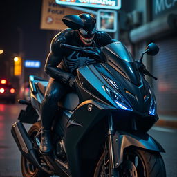 A dramatic close-up of a Venom character, depicted as a powerful and edgy comic book anti-hero, casually leaning against a Honda Forza MF08 scooter