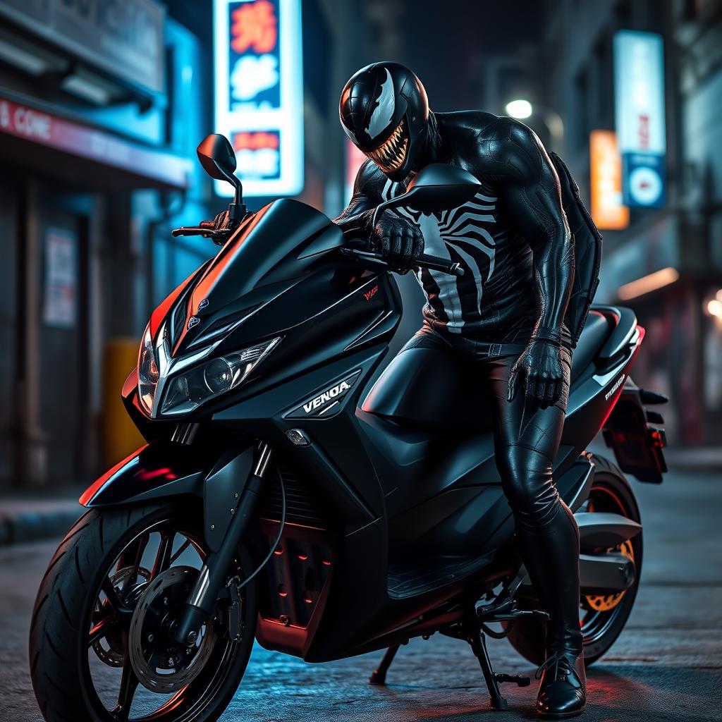 A dramatic close-up of a Venom character, depicted as a powerful and edgy comic book anti-hero, casually leaning against a Honda Forza MF08 scooter