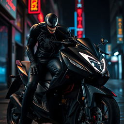 A dramatic close-up of a Venom character, depicted as a powerful and edgy comic book anti-hero, casually leaning against a Honda Forza MF08 scooter