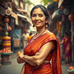 A realistic depiction of an Indian woman, often referred to as an 'aunty', showcasing her confident personality