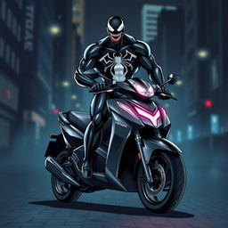 A striking illustration of Venom, the iconic Marvel anti-hero, standing confidently on a Honda Forza MF08 scooter