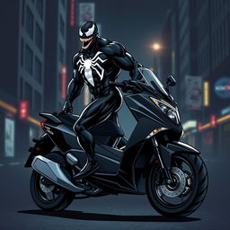 A striking illustration of Venom, the iconic Marvel anti-hero, standing confidently on a Honda Forza MF08 scooter