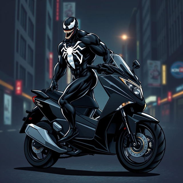 A striking illustration of Venom, the iconic Marvel anti-hero, standing confidently on a Honda Forza MF08 scooter