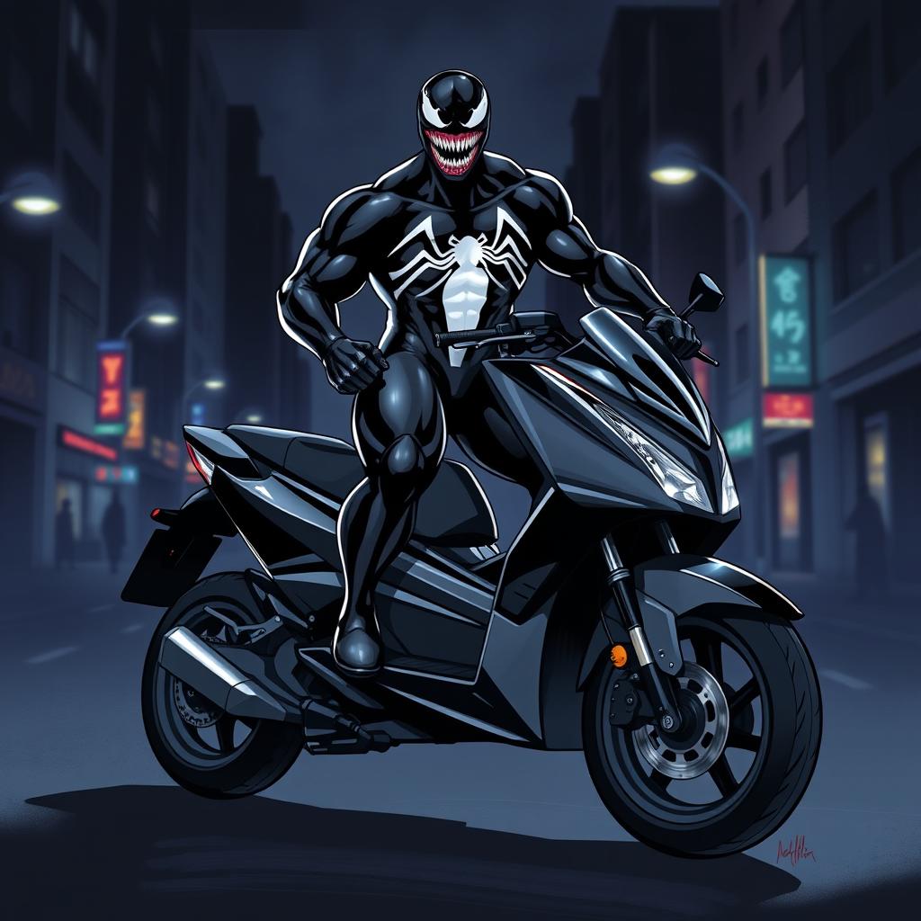 A striking illustration of Venom, the iconic Marvel anti-hero, standing confidently on a Honda Forza MF08 scooter