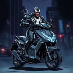 A striking illustration of Venom, the iconic Marvel anti-hero, standing confidently on a Honda Forza MF08 scooter