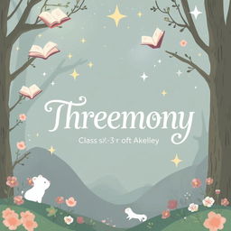 A simple, whimsical illustration for a fantasy-themed short story anthology titled 'Threemony' created by Class XI-3