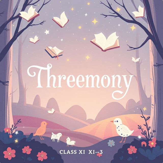 A simple, whimsical illustration for a fantasy-themed short story anthology titled 'Threemony' created by Class XI-3