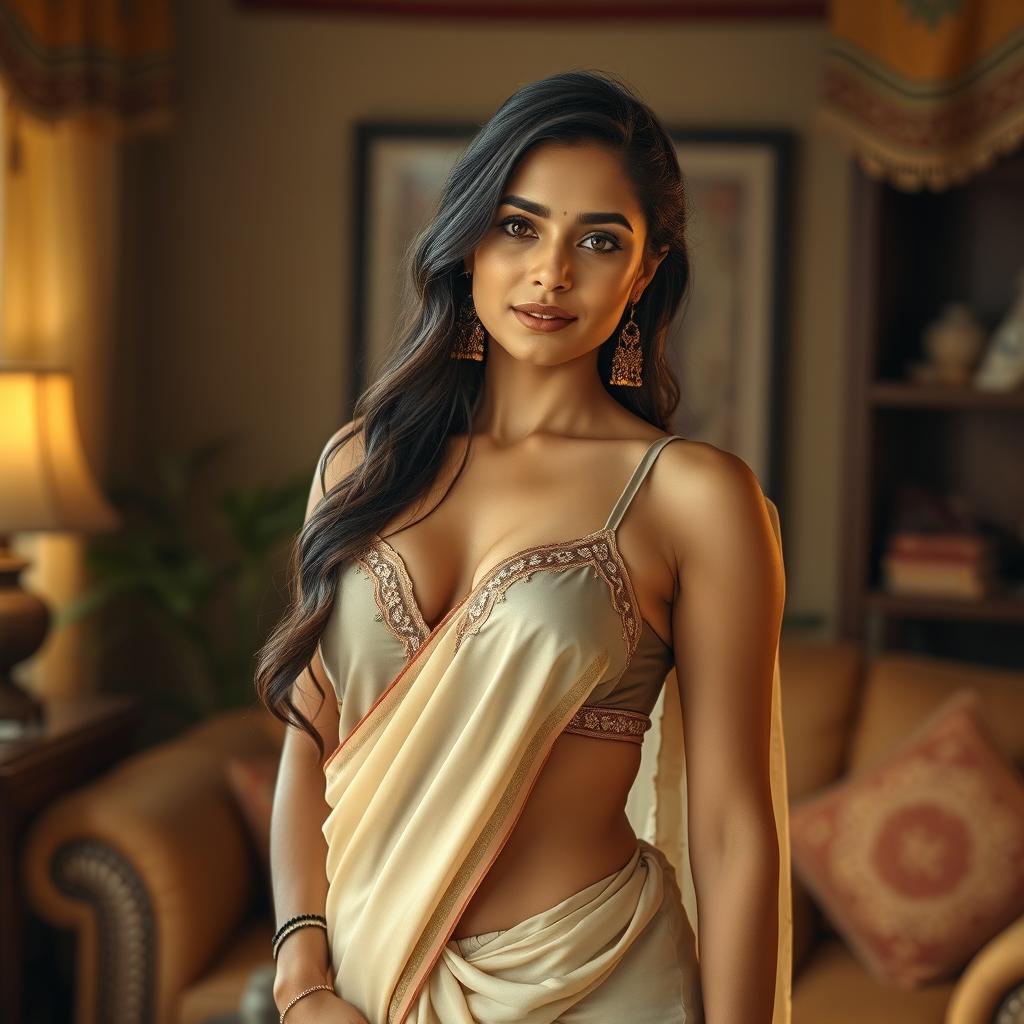 A realistic portrayal of an Indian woman in traditional attire, blending modern elements with cultural aspects