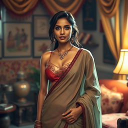 A realistic portrayal of an Indian woman in traditional attire, blending modern elements with cultural aspects