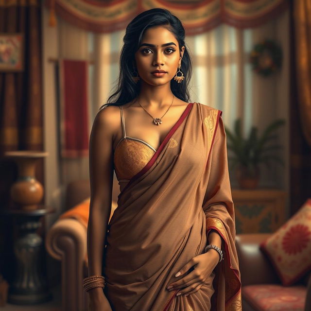 A realistic portrayal of an Indian woman in traditional attire, blending modern elements with cultural aspects