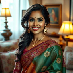 A realistic portrait of an Indian woman, dressed in traditional attire such as a colorful saree, showcasing intricate patterns and textures