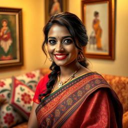 A realistic portrait of an Indian woman, dressed in traditional attire such as a colorful saree, showcasing intricate patterns and textures