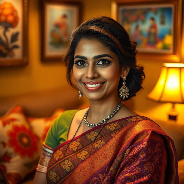 A realistic portrait of an Indian woman, dressed in traditional attire such as a colorful saree, showcasing intricate patterns and textures