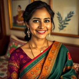 A realistic portrait of an Indian woman, dressed in traditional attire such as a colorful saree, showcasing intricate patterns and textures