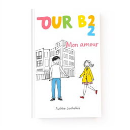 A simple and appealing book cover design for a teen book 'TOUR B2 Mon amour', featuring a light, cheerful background color such as soft pastel blue or light yellow