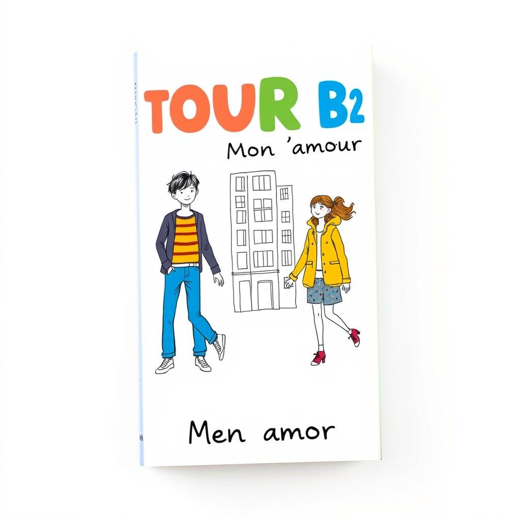 A simple and appealing book cover design for a teen book 'TOUR B2 Mon amour', featuring a light, cheerful background color such as soft pastel blue or light yellow
