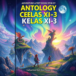 A vibrant and imaginative fantasy illustration for a book titled 'Antologi Cerpen Kelas XI-3'