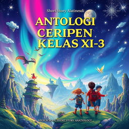 A vibrant and imaginative fantasy illustration for a book titled 'Antologi Cerpen Kelas XI-3'