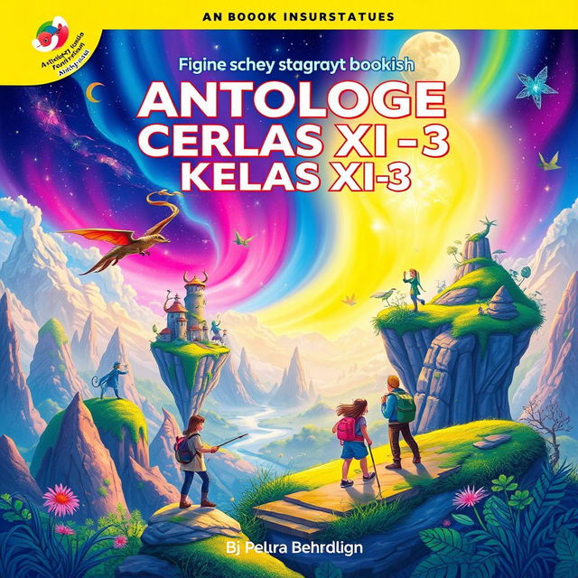 A vibrant and imaginative fantasy illustration for a book titled 'Antologi Cerpen Kelas XI-3'