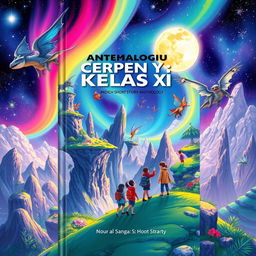 A vibrant and imaginative fantasy illustration for a book titled 'Antologi Cerpen Kelas XI-3'
