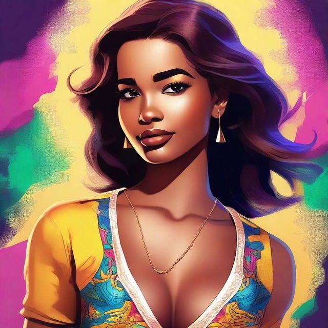 A high-quality digital art image featuring a young woman with a prominent chest