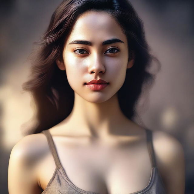 This image is a high-quality digital art piece depicting a young woman with a large chest