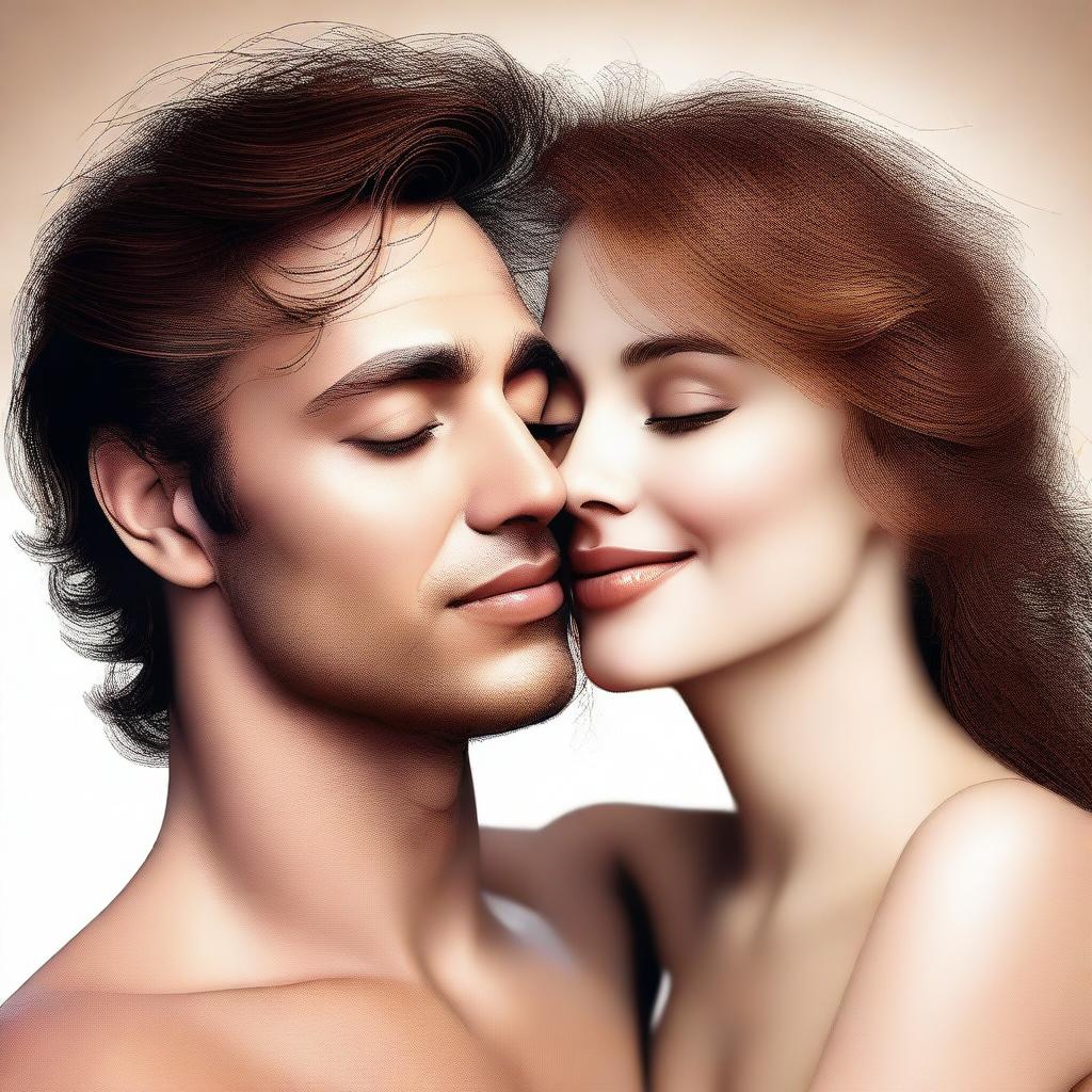 A tastefully rendered digital art image, showcasing a romantic scene between a man and a woman