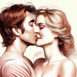 A tastefully rendered digital art image, showcasing a romantic scene between a man and a woman