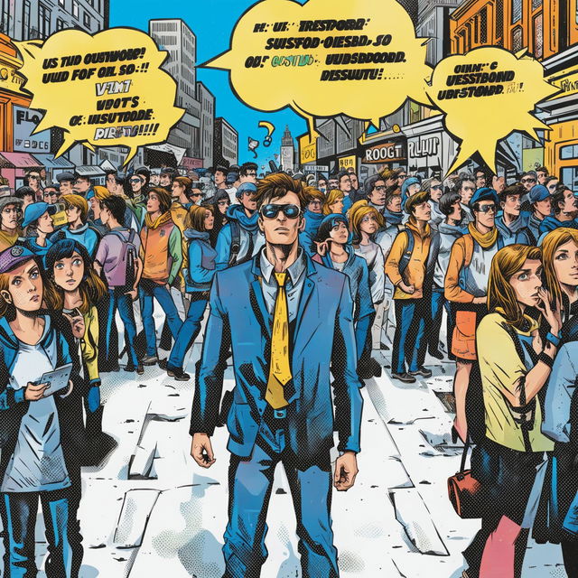 The image is a comic-style digital art piece portraying a man in a city square with thought bubbles above him containing words of varying opinions, illustrating the concept of 'report' as a synonym for 'reputation'