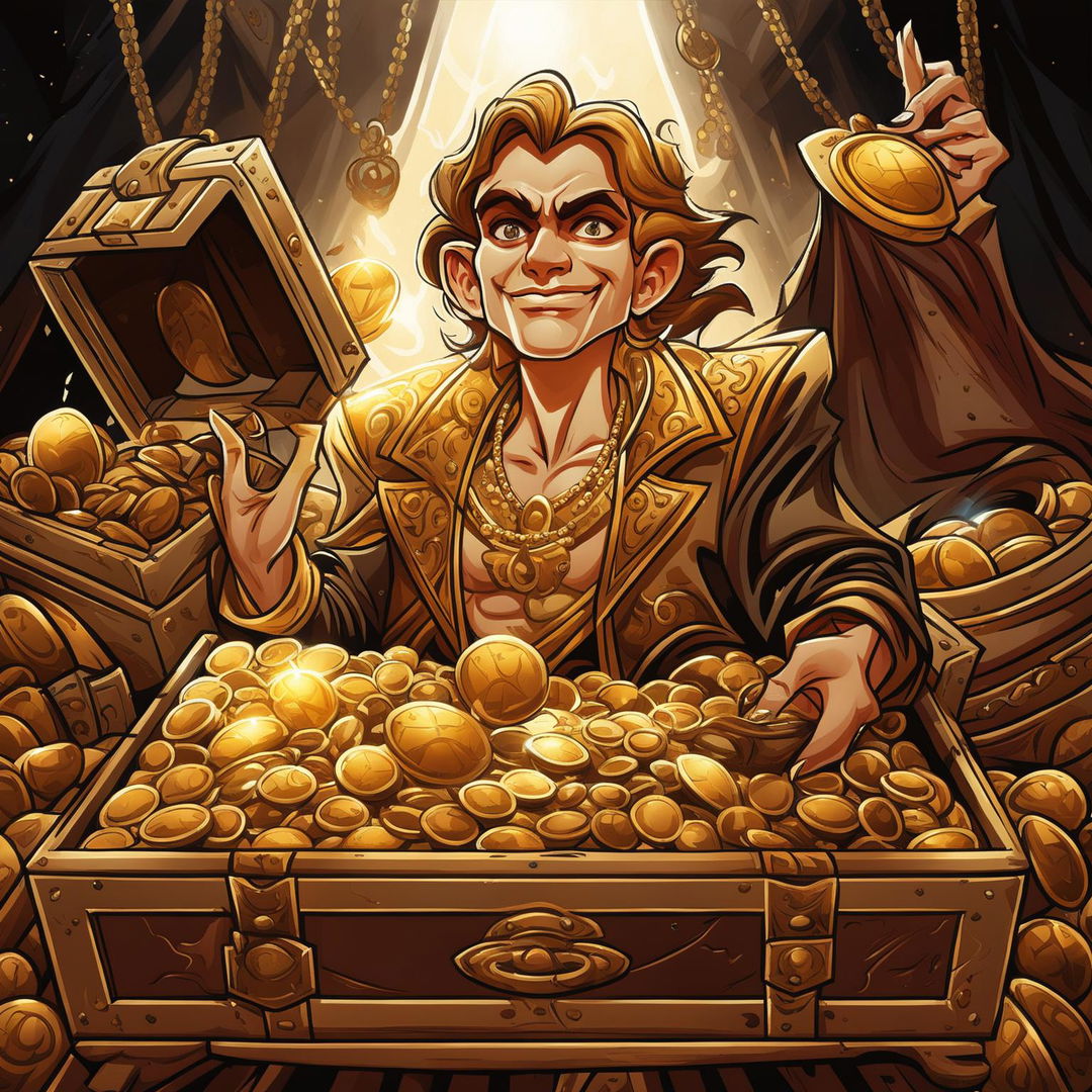 A high-quality digital illustration representing 'avarice' with a lavishly dressed character clutching a treasure chest amidst piles of gold and jewels