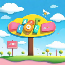 A high-quality digital art featuring a brightly colored signboard with the words 'Happy April Fool' written in bold, playful letters