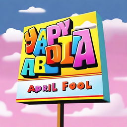 A high-quality digital art featuring a brightly colored signboard with the words 'Happy April Fool' written in bold, playful letters