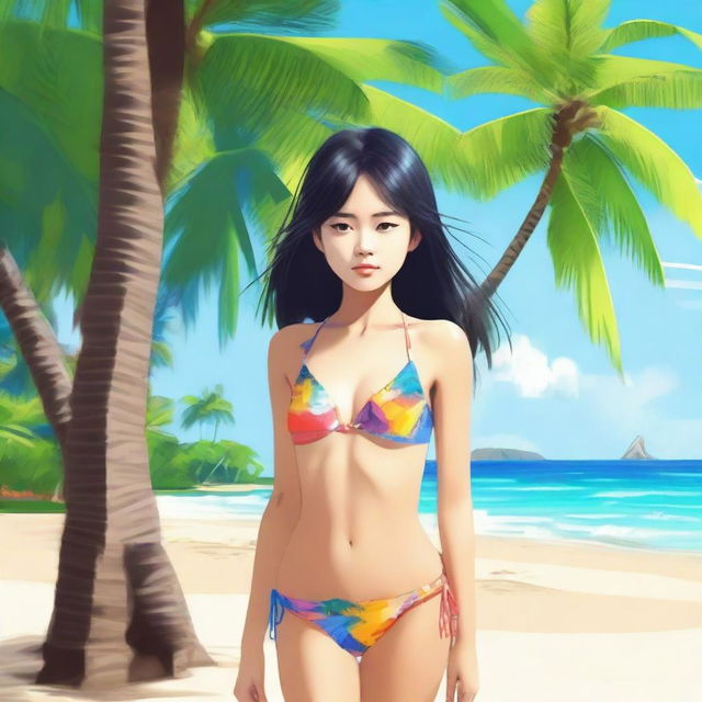 Create a high-quality digital art piece capturing a young Japanese girl in a colorful bikini, enjoying her time on a sandy beach