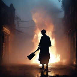 This is a photorealistic image of a lone Bengali man, silhouetted against a rain-soaked street