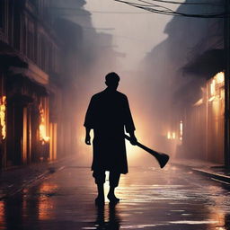 This is a photorealistic image of a lone Bengali man, silhouetted against a rain-soaked street