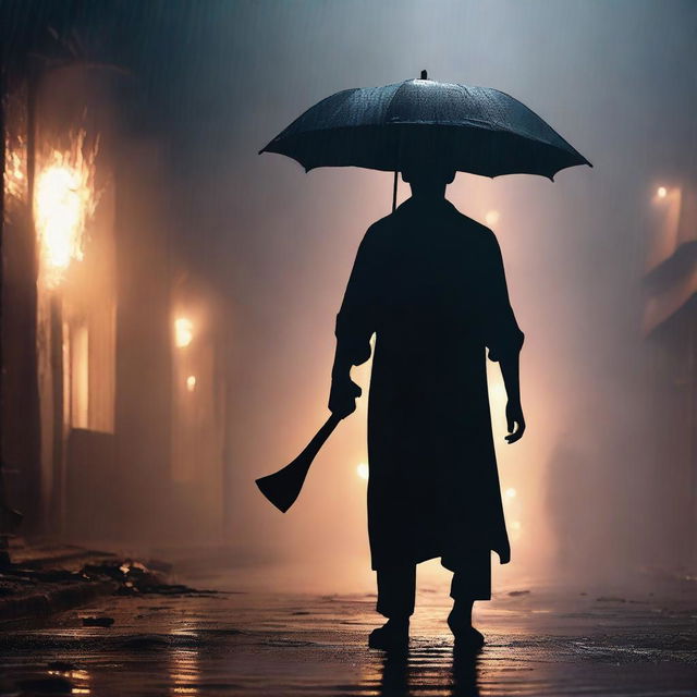 This is a photorealistic image of a lone Bengali man, silhouetted against a rain-soaked street