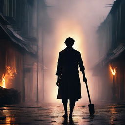 This is a photorealistic image of a lone Bengali man, silhouetted against a rain-soaked street