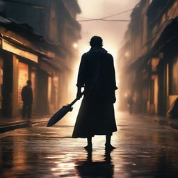 This is a photorealistic image of a lone Bengali man, silhouetted against a rain-slicked street