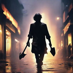 This is a photorealistic image of a lone Bengali man, silhouetted against a rain-slicked street