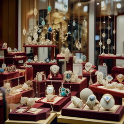 A quaint, small jewellery shop filled with glistening gemstones, ornate necklaces, delicate rings, and gleaming watches, showcasing a variety of precious metals and gemstones.