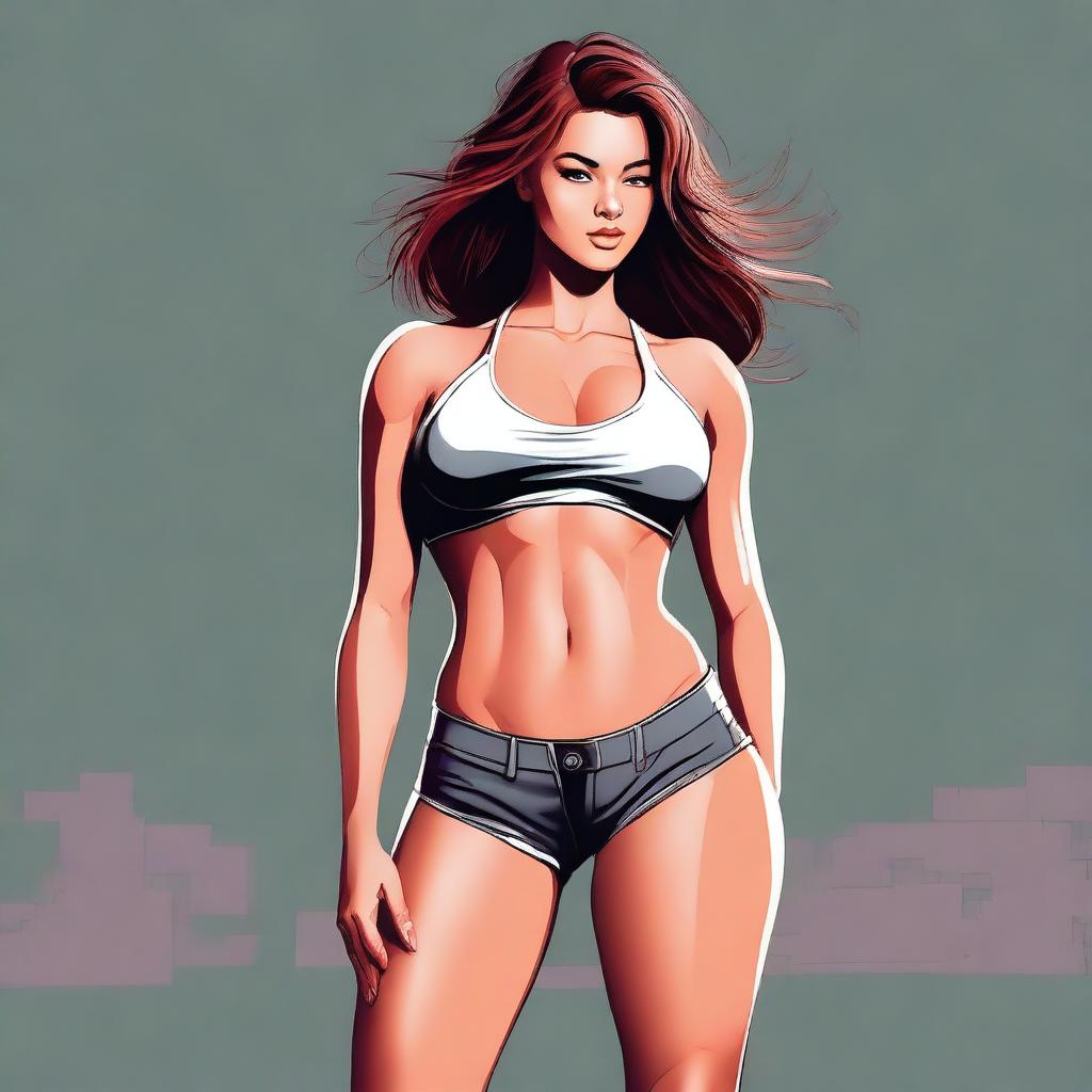 A digital art piece portraying a confident young woman