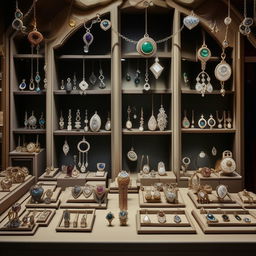 A quaint, small jewellery shop filled with glistening gemstones, ornate necklaces, delicate rings, and gleaming watches, showcasing a variety of precious metals and gemstones.