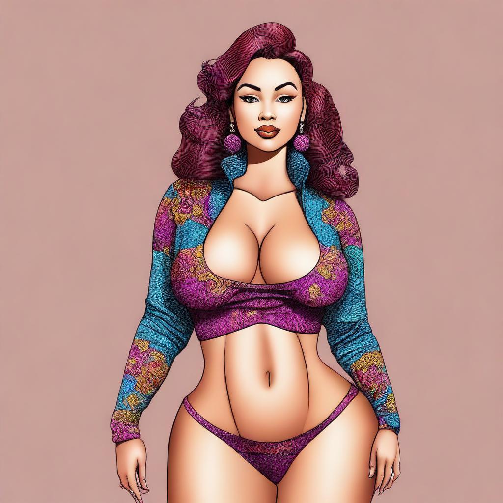 A digital art illustration of a woman dressed in form-fitting attire