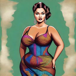 A digital art illustration of a woman dressed in form-fitting attire