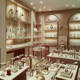 A quaint, small jewellery shop filled with glistening gemstones, ornate necklaces, delicate rings, and gleaming watches, showcasing a variety of precious metals and gemstones.