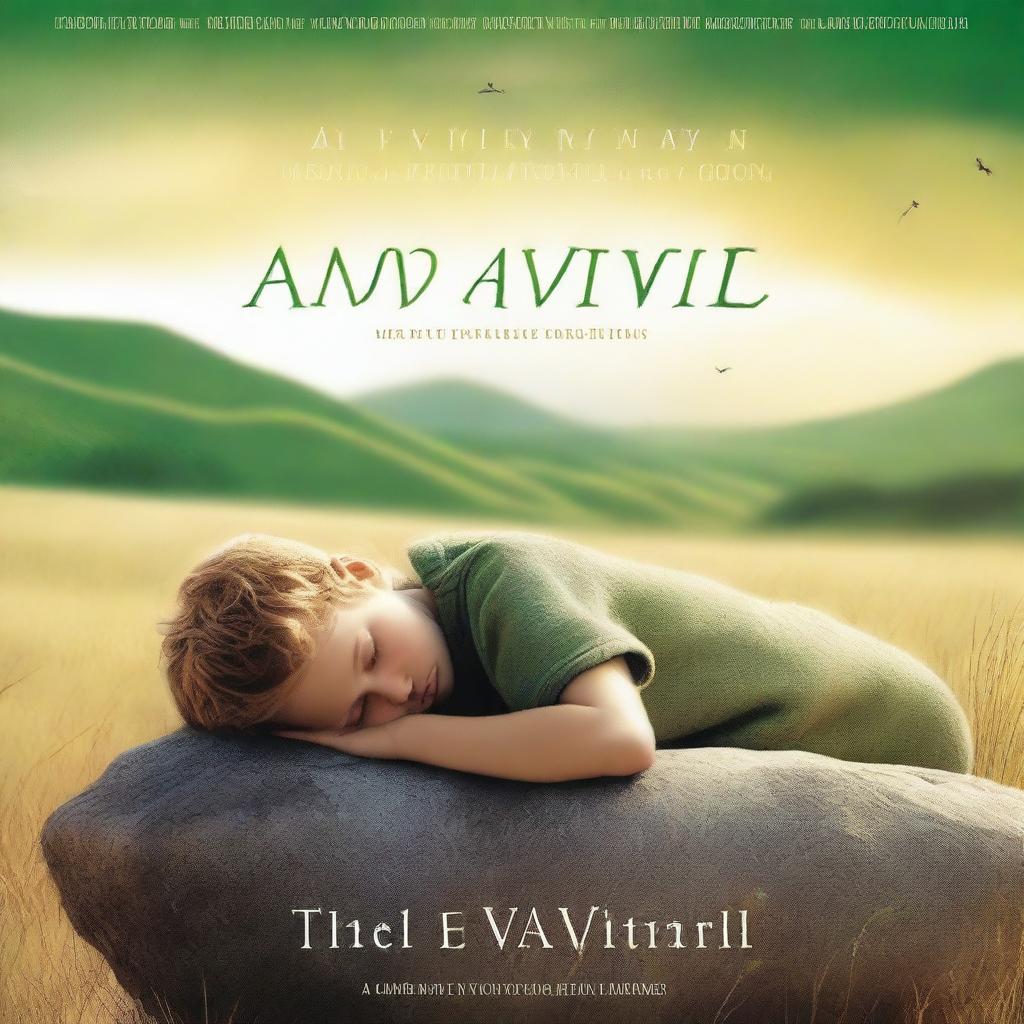 The cover of the fantasy-action book 'The Arrival' features a high-quality photograph of a young boy in deep sleep, resting his head on a large rock in the middle of a sunlit grass field