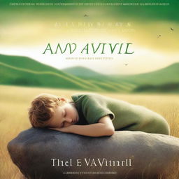 The cover of the fantasy-action book 'The Arrival' features a high-quality photograph of a young boy in deep sleep, resting his head on a large rock in the middle of a sunlit grass field