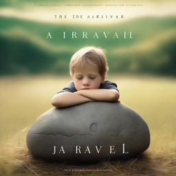 The cover of the fantasy-action book 'The Arrival' features a high-quality photograph of a young boy in deep sleep, resting his head on a large rock in the middle of a sunlit grass field