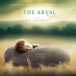 The cover of the fantasy-action book 'The Arrival' features a high-quality photograph of a young boy in deep sleep, resting his head on a large rock in the middle of a sunlit grass field