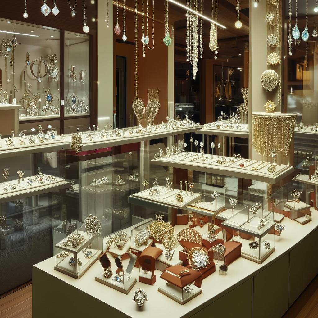 A quaint, small jewellery shop filled with glistening gemstones, ornate necklaces, delicate rings, and gleaming watches, showcasing a variety of precious metals and gemstones.